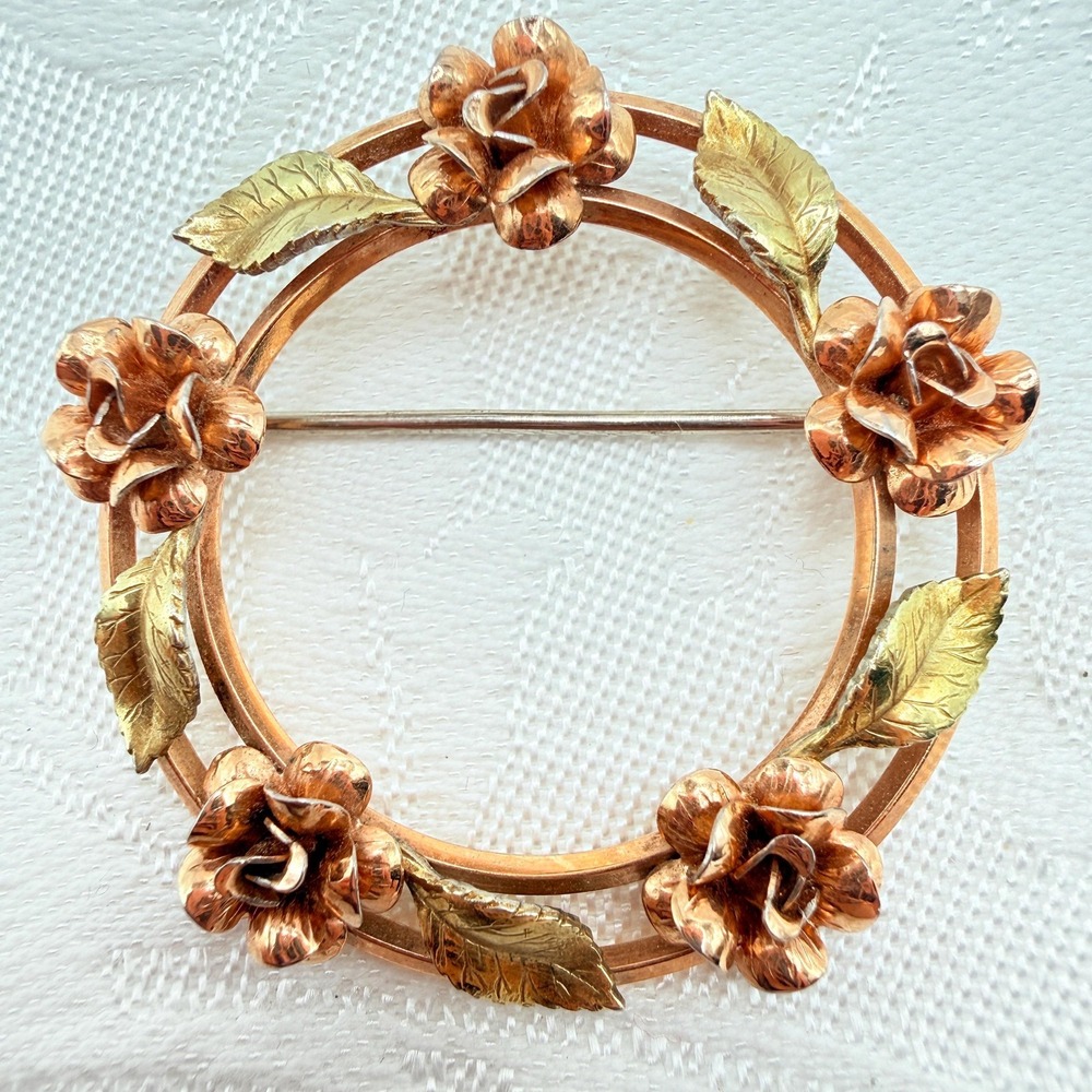 Vintage Krementz Copper Rose & Gold Tone Rose Flower Floral Circle Wreath Brooch